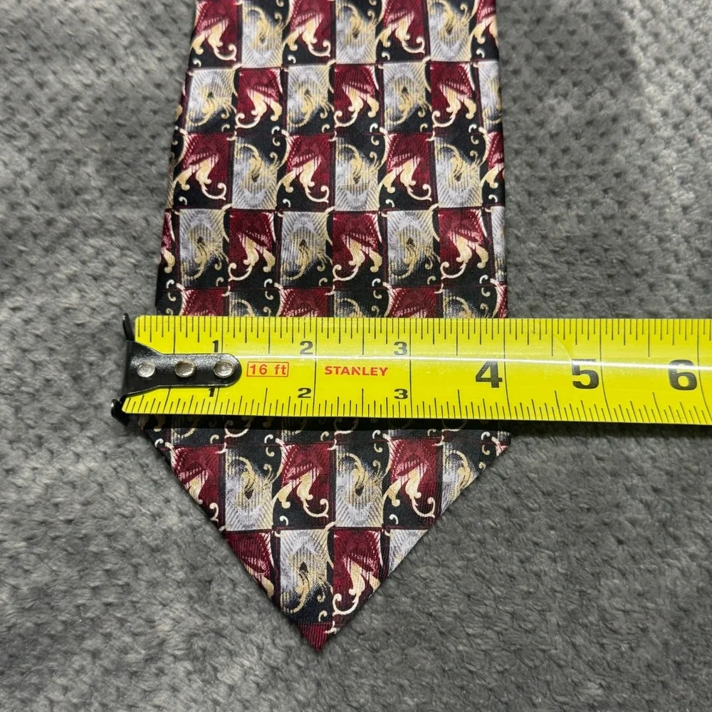 Pierre Cardin Mens Silk Tie Burgundy Silver Gold Geometric Scroll Pattern Wide